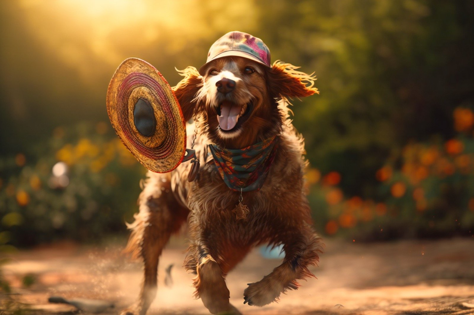 A happy dog wearing a beach hat and sunglasses, catching a frisbee mid-air and wagging its tail with joy