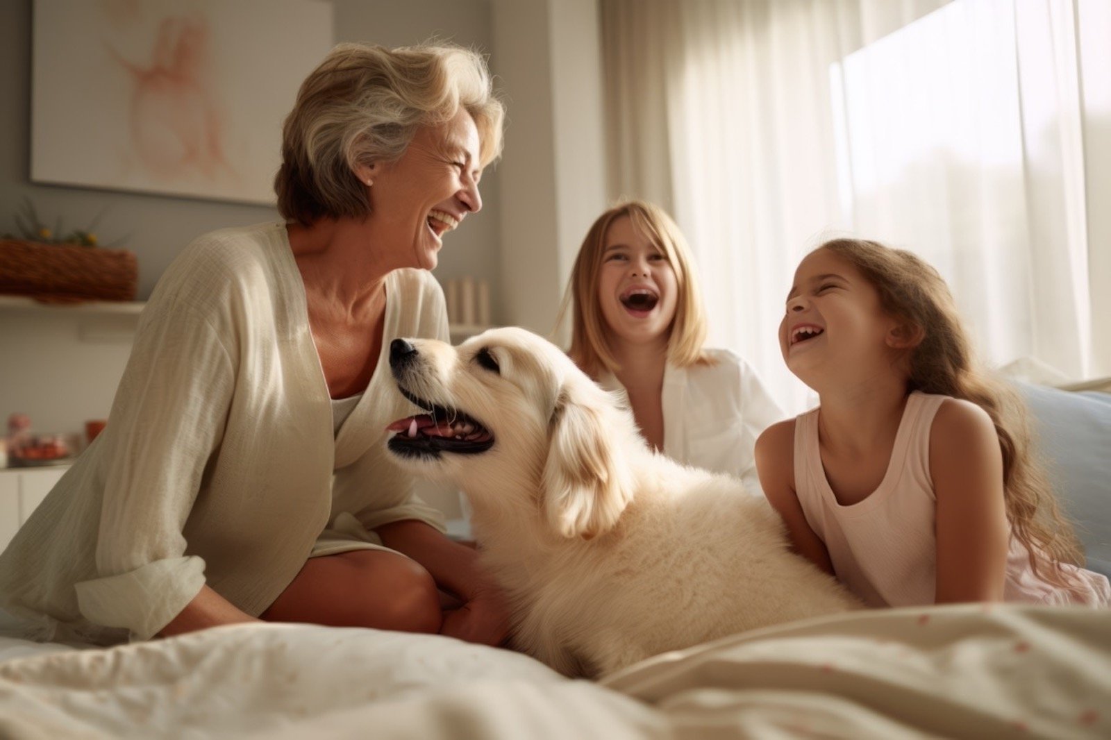 happy family with dog multi generational family playing with dog at home smiling cheerful lovely pet animal dog with owner daytime at home